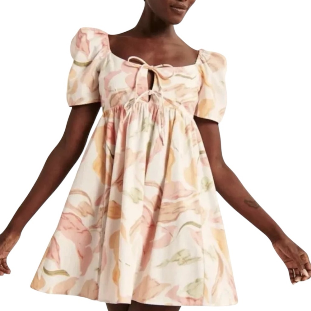 Abercrombie & Fitch Floral Poplin Keyhole Babydoll Tie Puff Sleeve Mini Dress